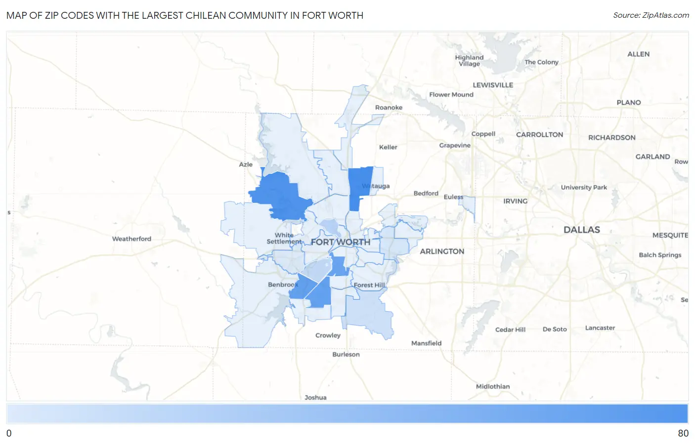 Zip Codes with the Largest Chilean Community in Fort Worth Map