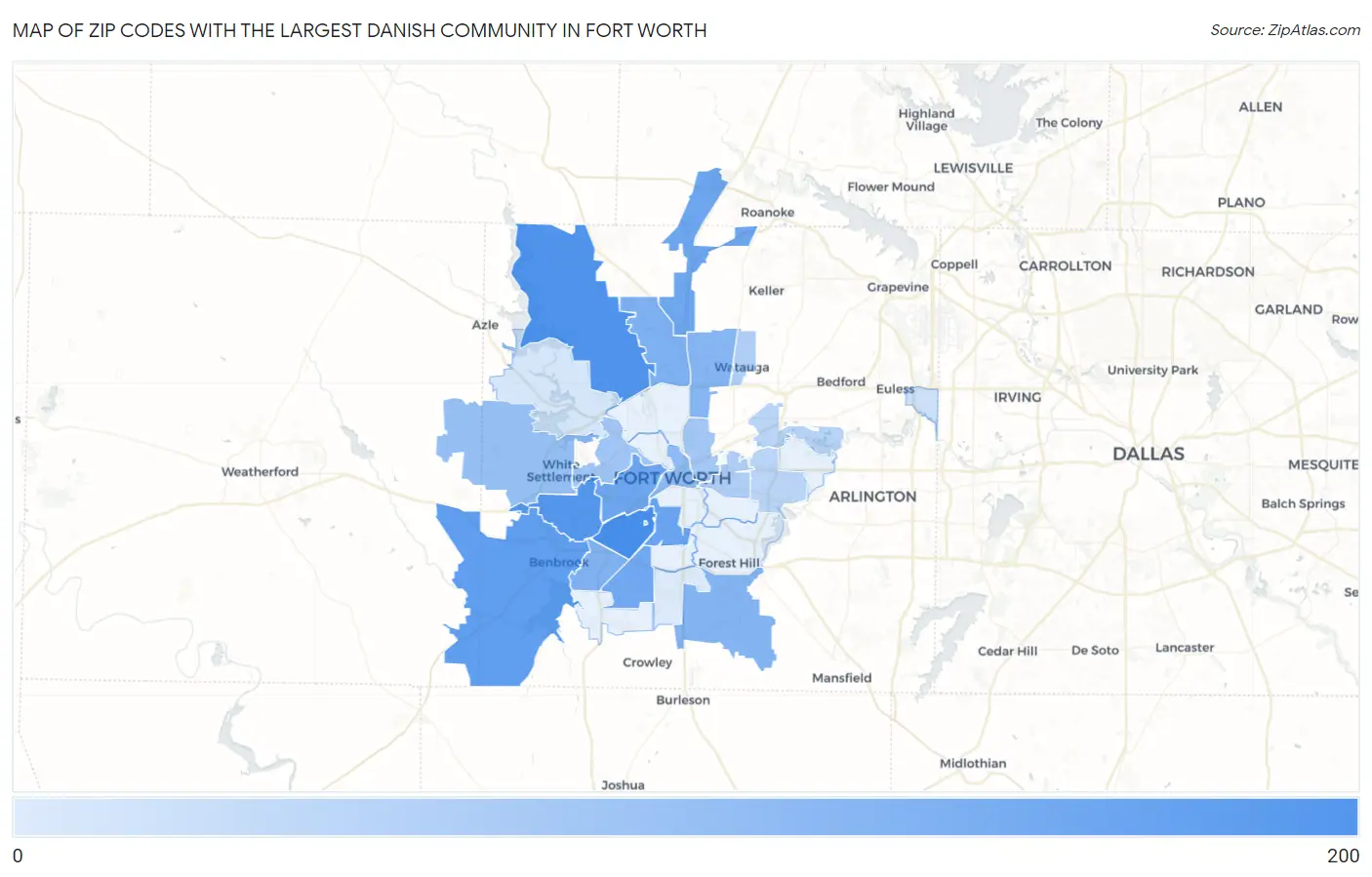 Zip Codes with the Largest Danish Community in Fort Worth Map