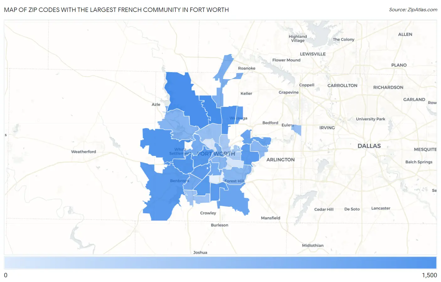 Zip Codes with the Largest French Community in Fort Worth Map
