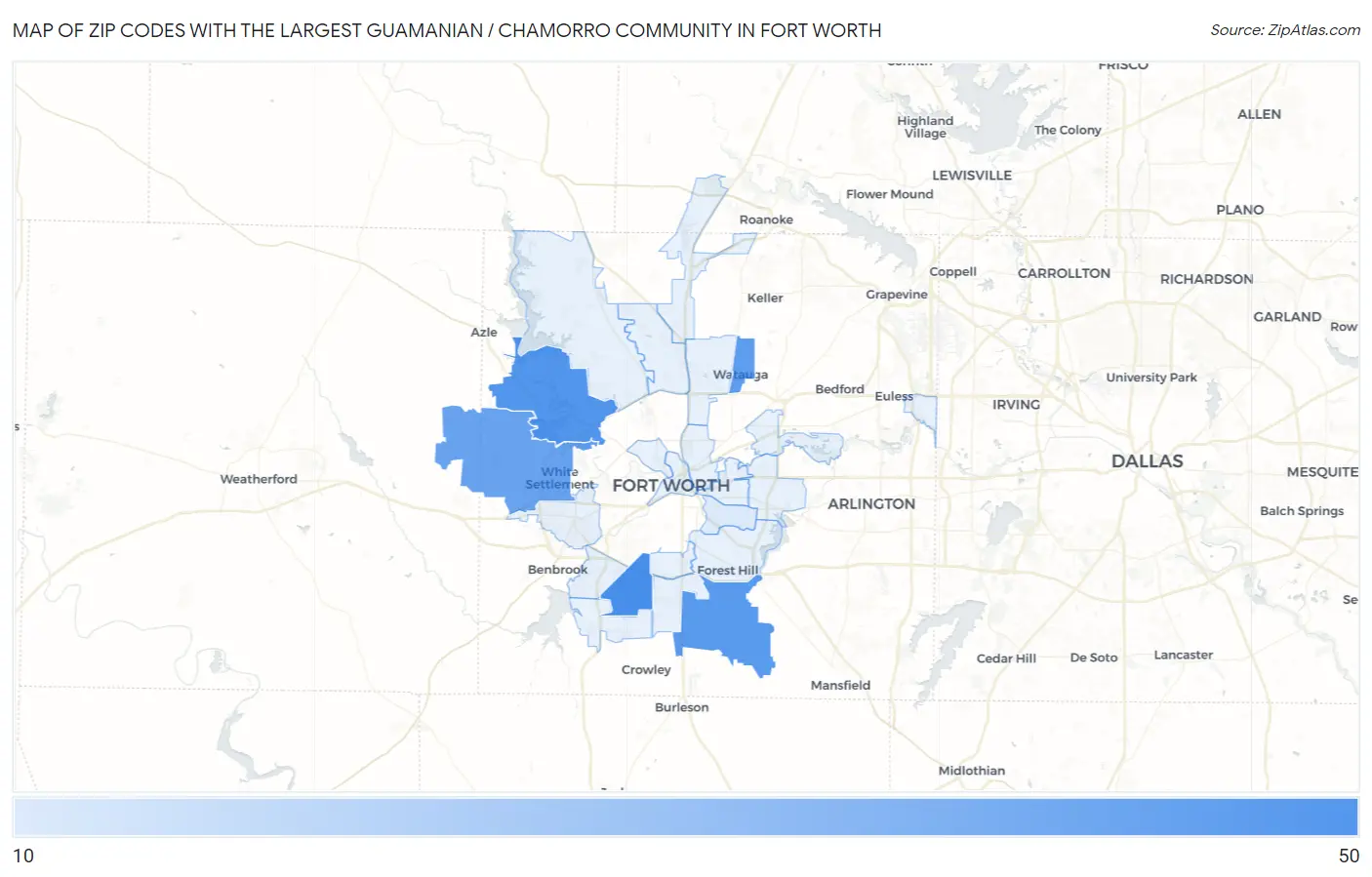Zip Codes with the Largest Guamanian / Chamorro Community in Fort Worth Map