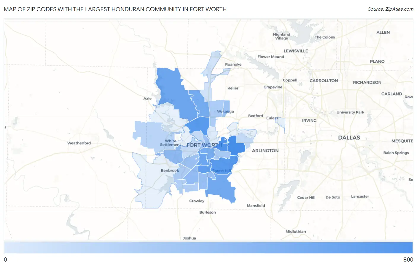 Zip Codes with the Largest Honduran Community in Fort Worth Map