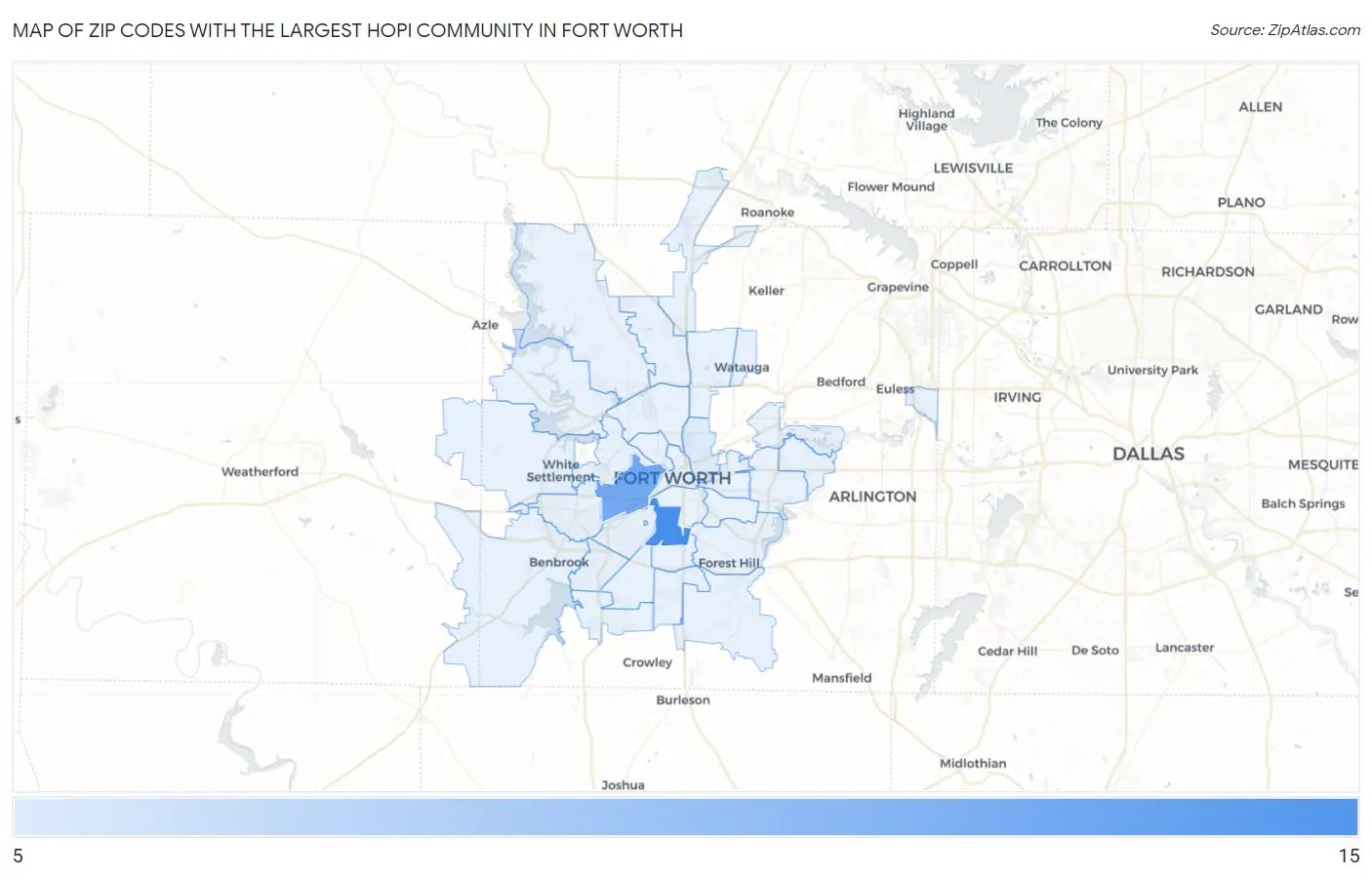 Zip Codes with the Largest Hopi Community in Fort Worth Map