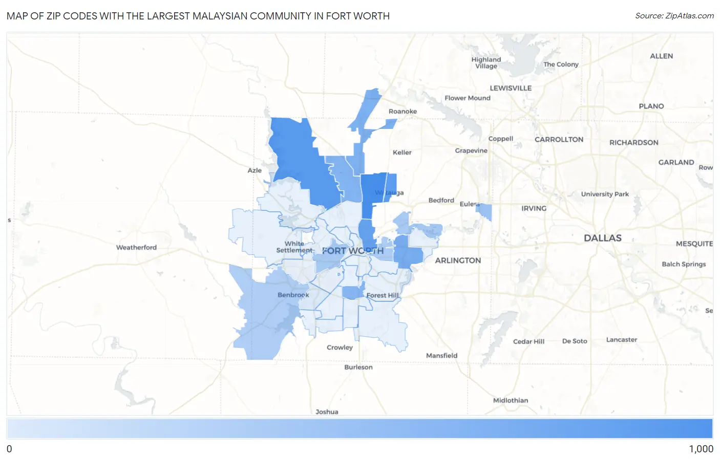 Zip Codes with the Largest Malaysian Community in Fort Worth Map