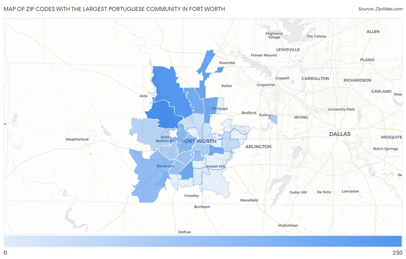 Zip Codes with the Largest Portuguese Community in Fort Worth Map