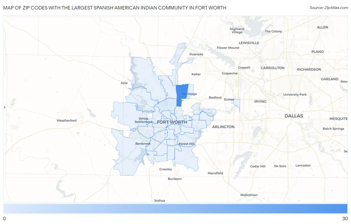 Zip Codes with the Largest Spanish American Indian Community in Fort Worth Map