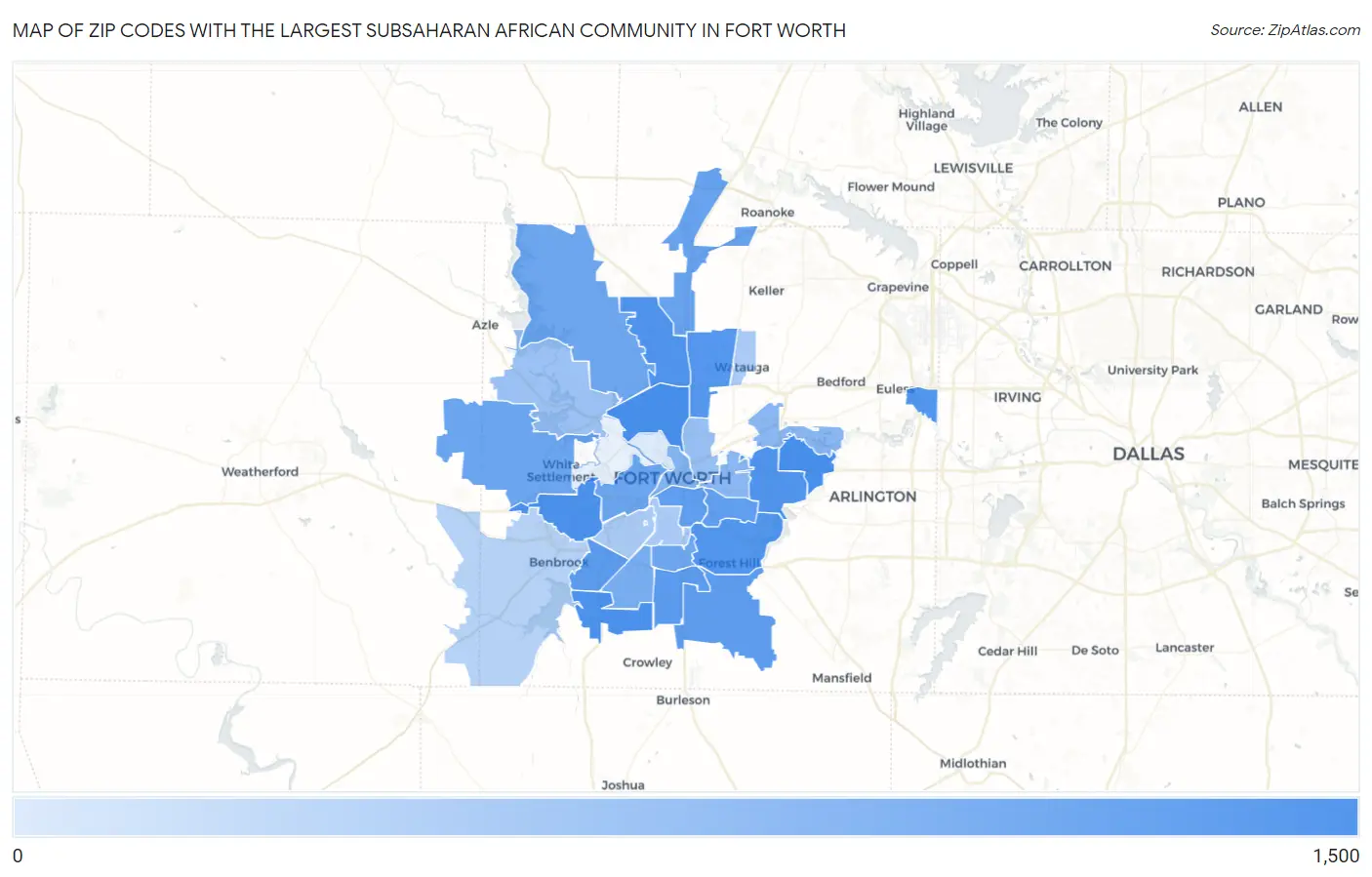 Zip Codes with the Largest Subsaharan African Community in Fort Worth Map