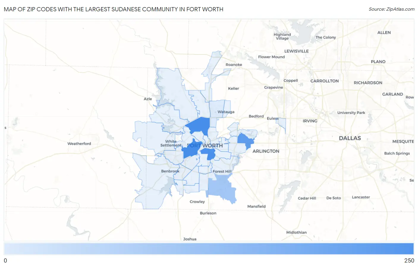 Zip Codes with the Largest Sudanese Community in Fort Worth Map