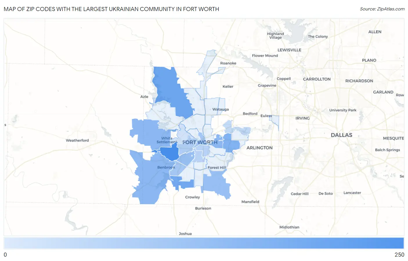 Zip Codes with the Largest Ukrainian Community in Fort Worth Map