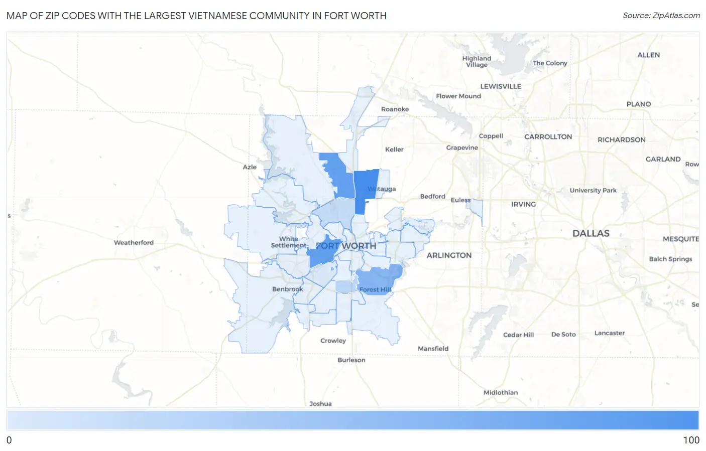 Zip Codes with the Largest Vietnamese Community in Fort Worth Map