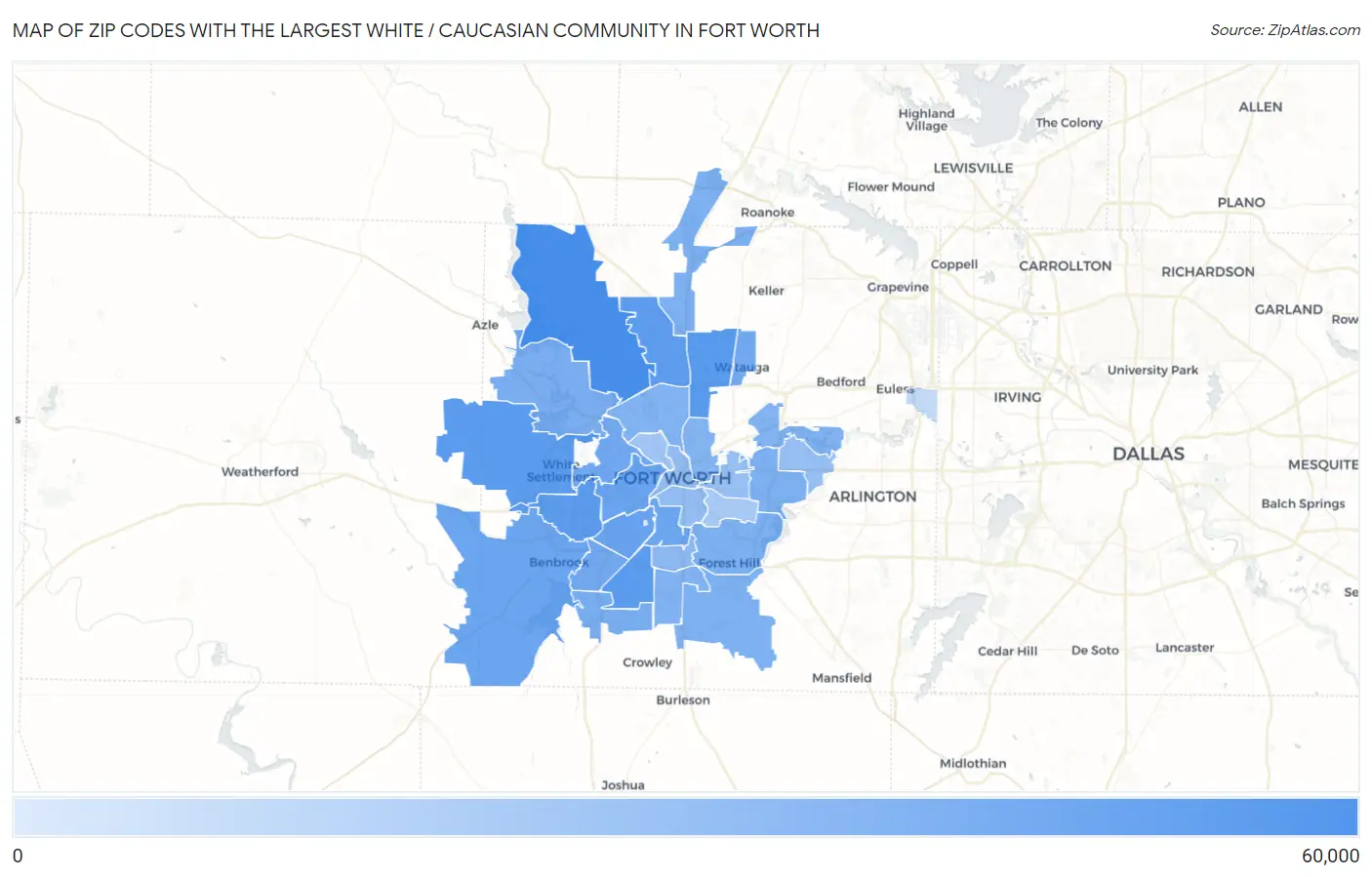 Zip Codes with the Largest White / Caucasian Community in Fort Worth Map