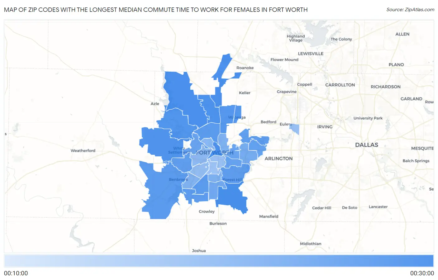 Zip Codes with the Longest Median Commute Time to Work for Females in Fort Worth Map