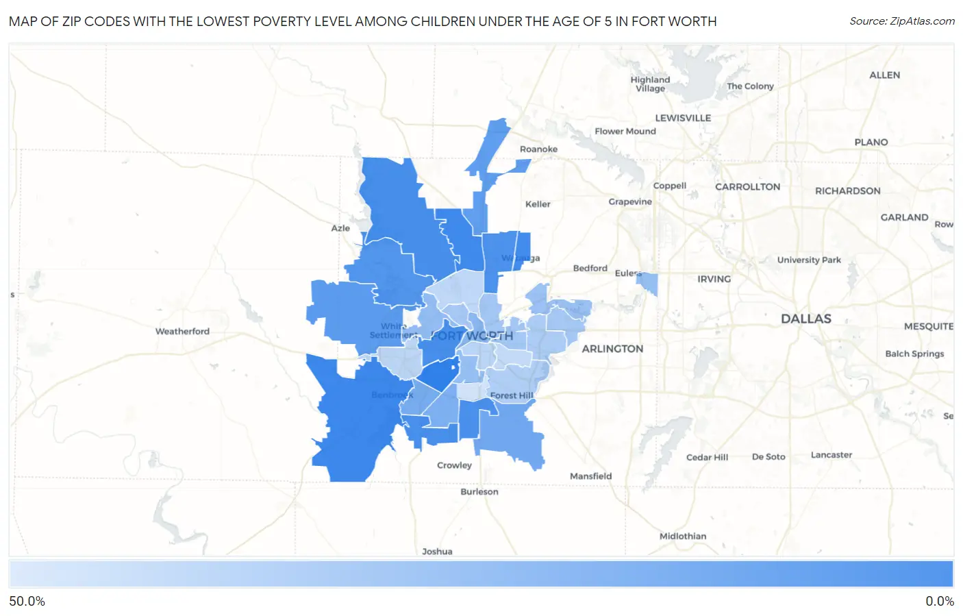 Zip Codes with the Lowest Poverty Level Among Children Under the Age of 5 in Fort Worth Map