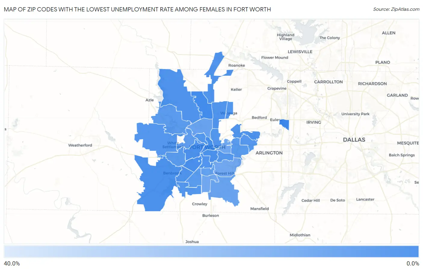 Zip Codes with the Lowest Unemployment Rate Among Females in Fort Worth Map