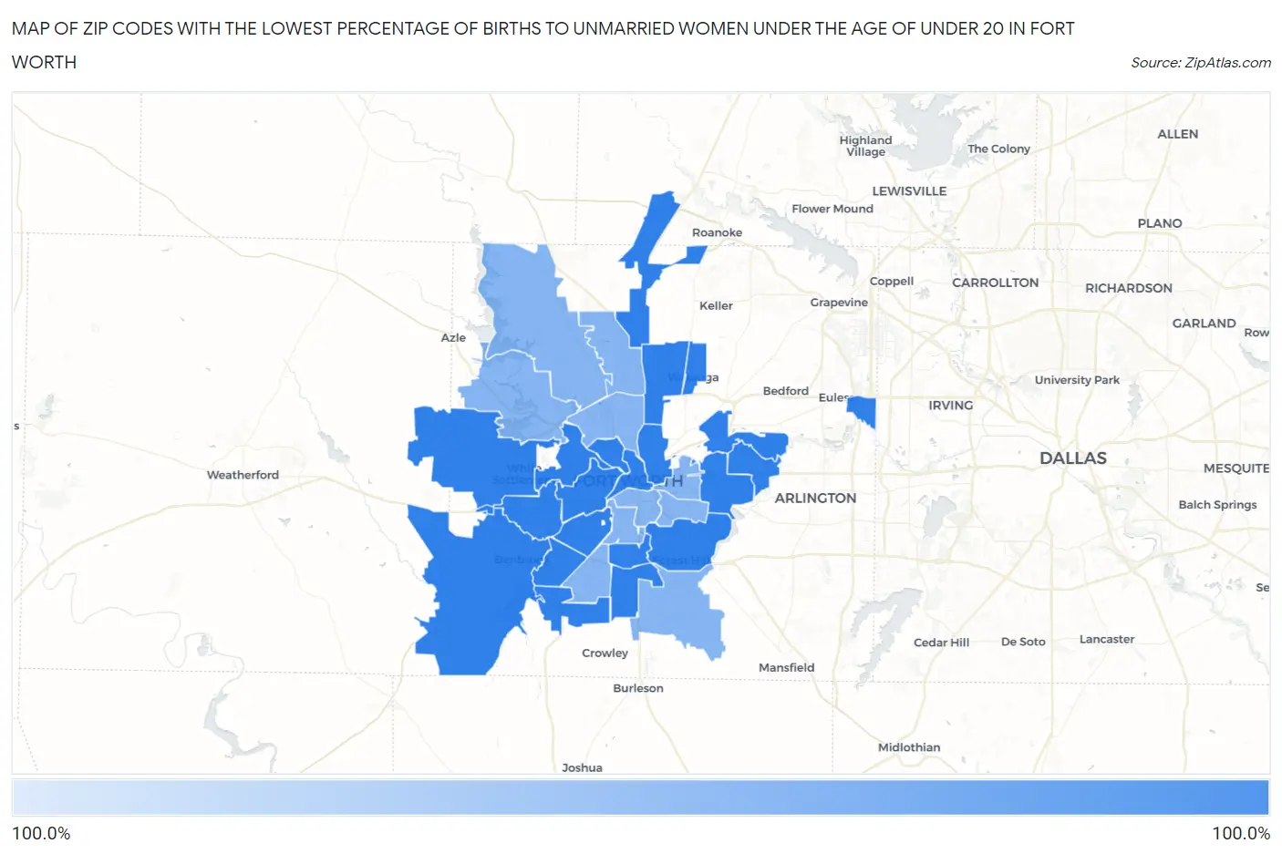 Zip Codes with the Lowest Percentage of Births to Unmarried Women under the Age of under 20 in Fort Worth Map