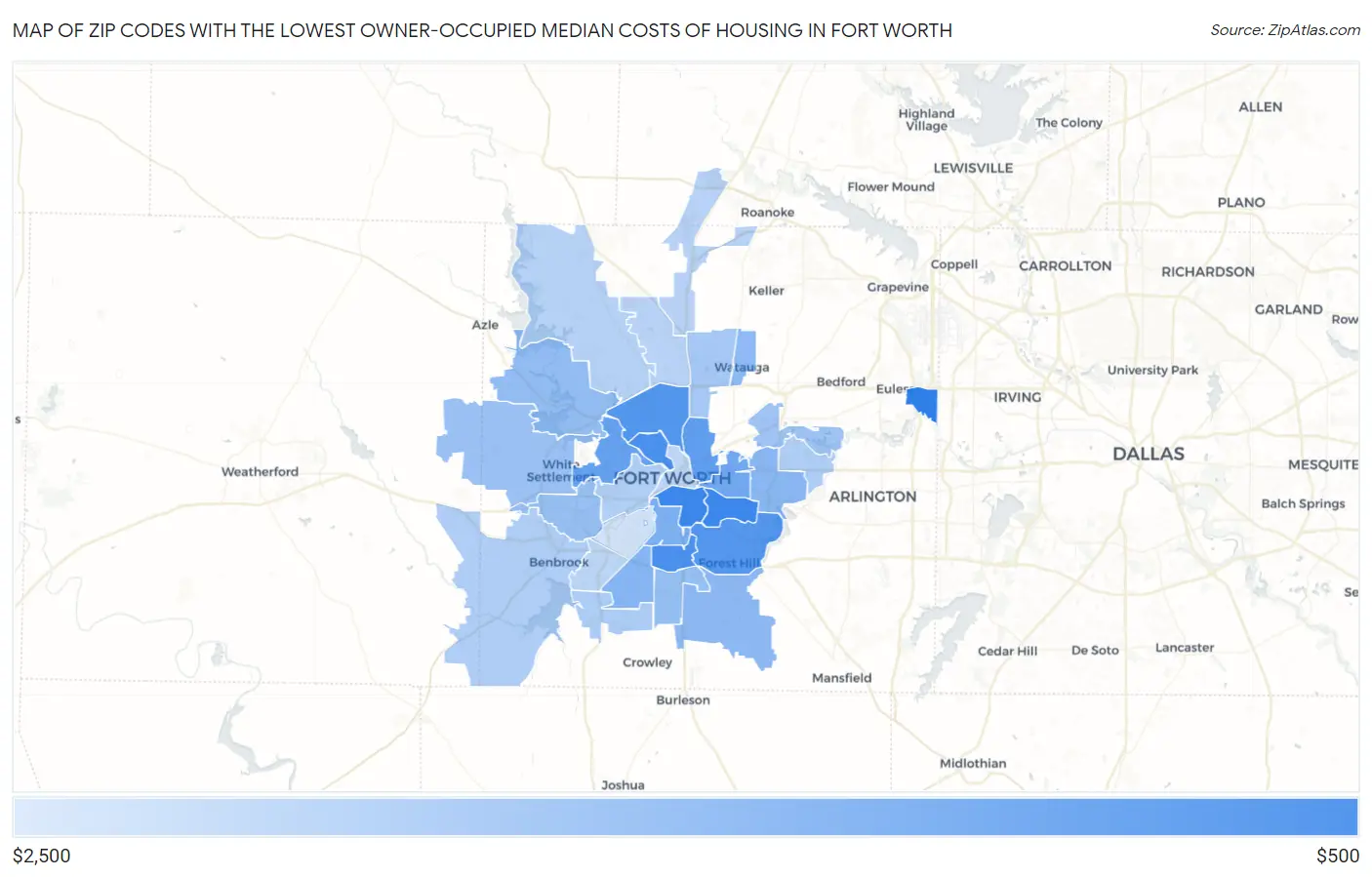 Zip Codes with the Lowest Owner-Occupied Median Costs of Housing in Fort Worth Map
