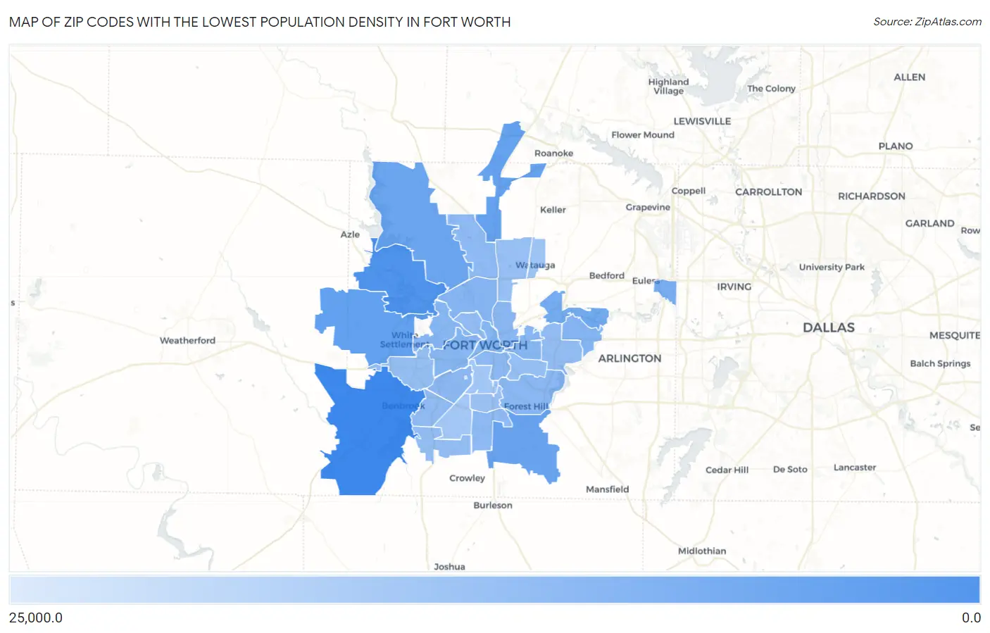 Zip Codes with the Lowest Population Density in Fort Worth Map