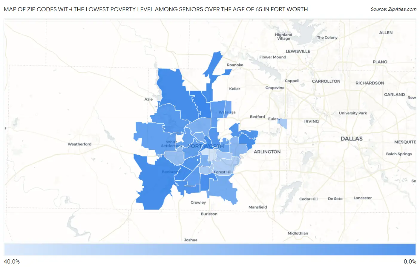 Zip Codes with the Lowest Poverty Level Among Seniors Over the Age of 65 in Fort Worth Map