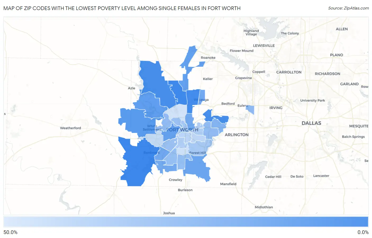 Zip Codes with the Lowest Poverty Level Among Single Females in Fort Worth Map