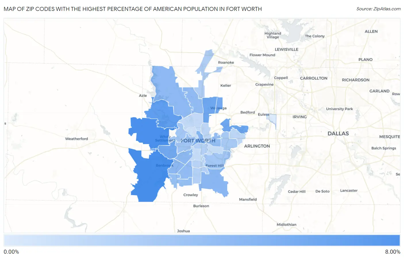 Zip Codes with the Highest Percentage of American Population in Fort Worth Map