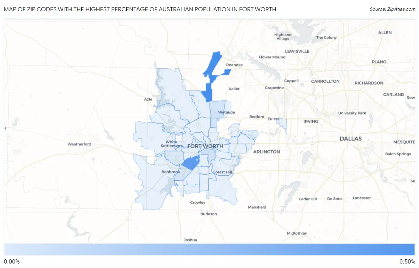 Zip Codes with the Highest Percentage of Australian Population in Fort Worth Map