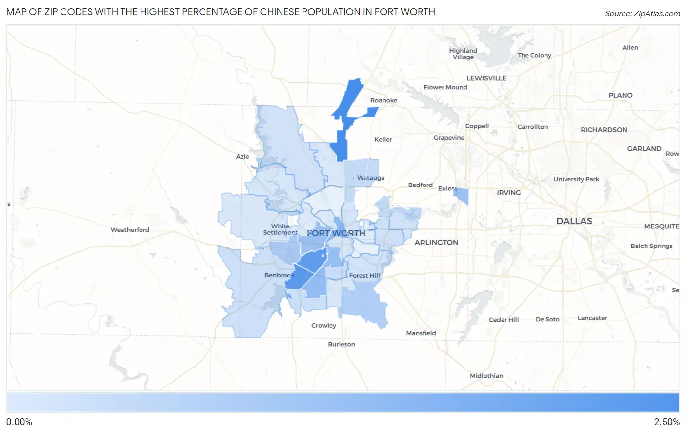 Zip Codes with the Highest Percentage of Chinese Population in Fort Worth Map