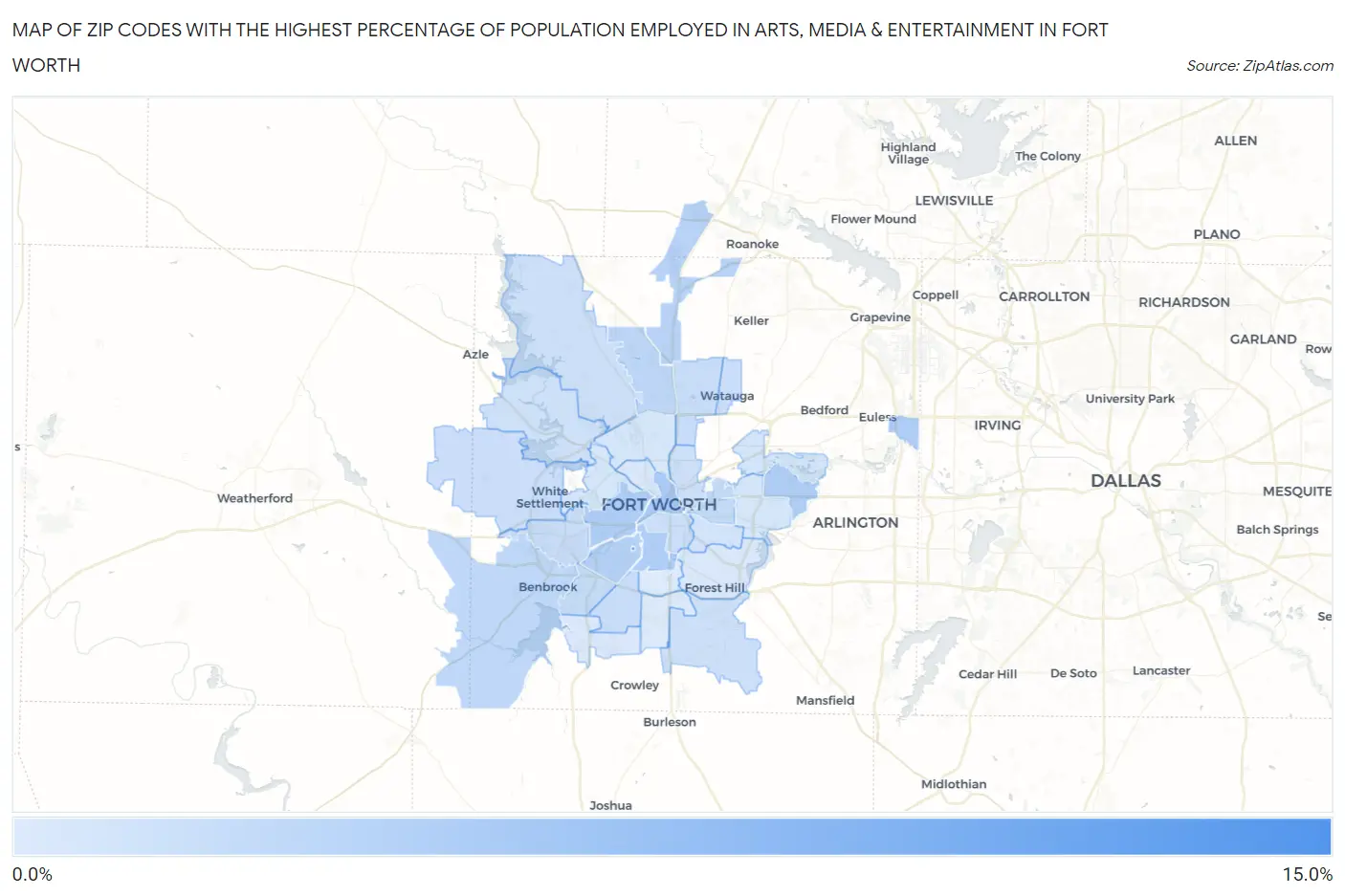 Zip Codes with the Highest Percentage of Population Employed in Arts, Media & Entertainment in Fort Worth Map