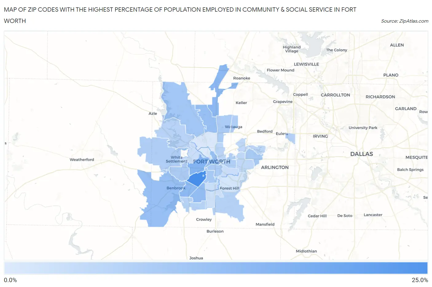 Zip Codes with the Highest Percentage of Population Employed in Community & Social Service  in Fort Worth Map