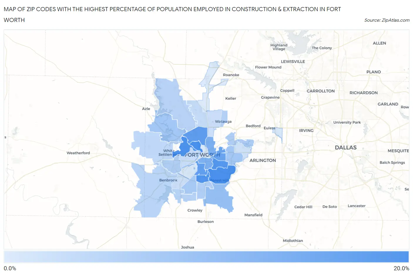 Zip Codes with the Highest Percentage of Population Employed in Construction & Extraction in Fort Worth Map