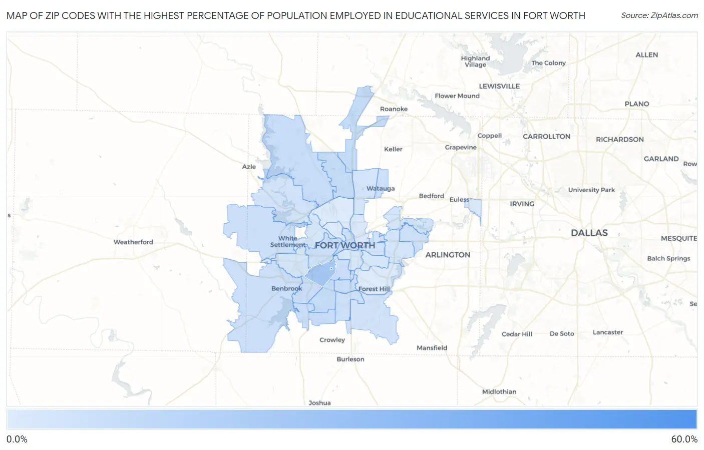 Zip Codes with the Highest Percentage of Population Employed in Educational Services in Fort Worth Map