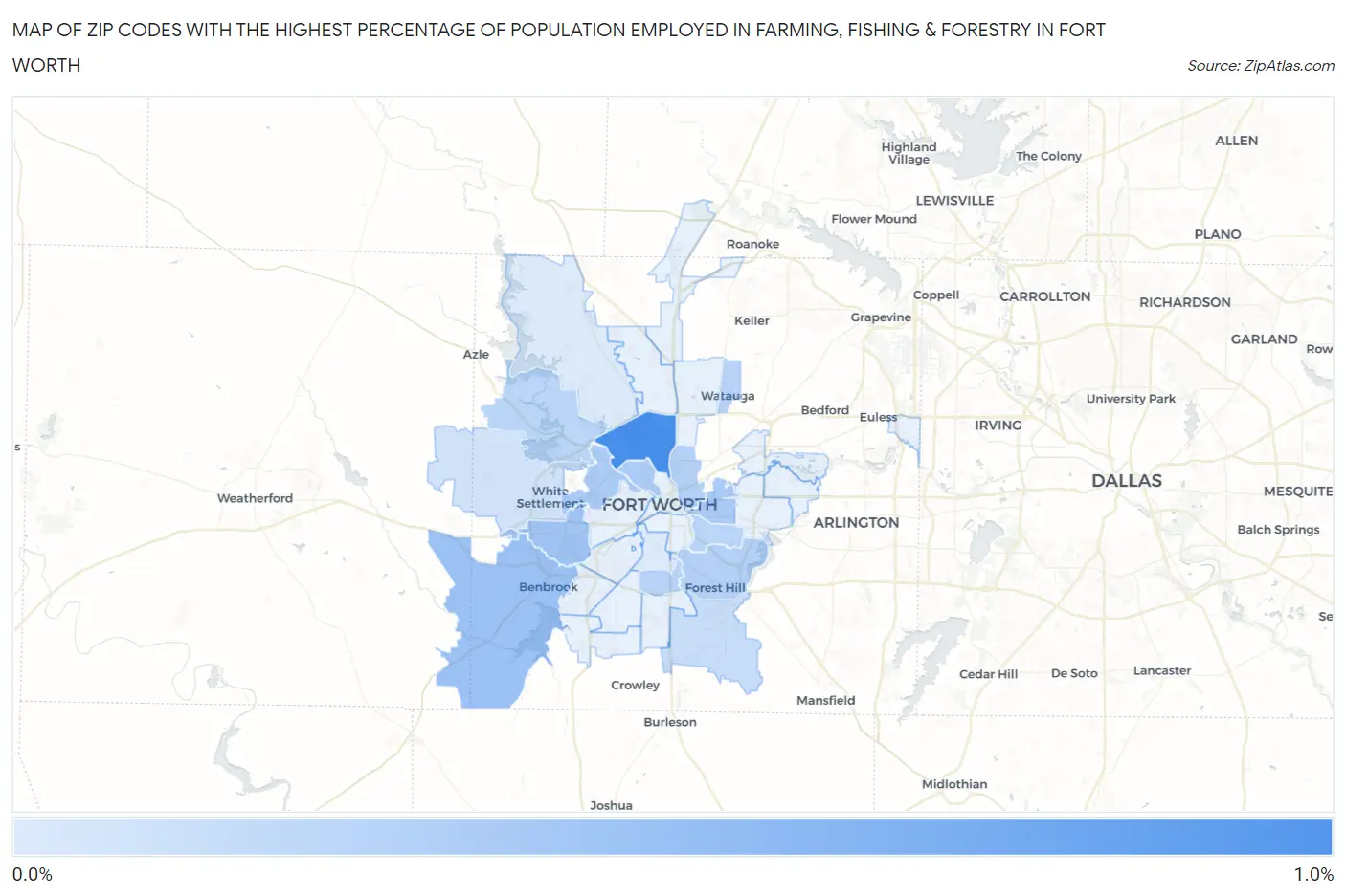 Zip Codes with the Highest Percentage of Population Employed in Farming, Fishing & Forestry in Fort Worth Map