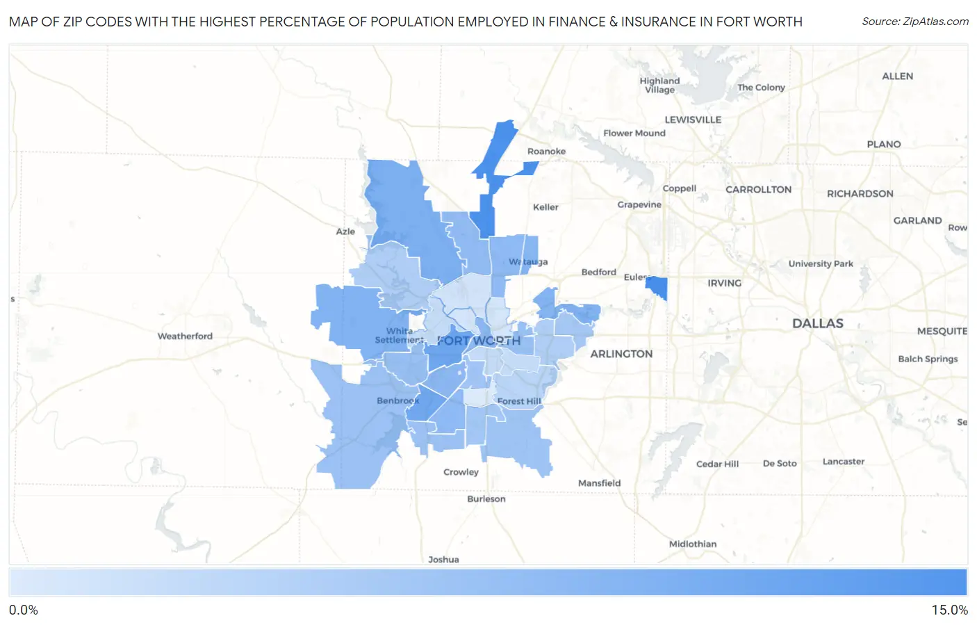 Zip Codes with the Highest Percentage of Population Employed in Finance & Insurance in Fort Worth Map