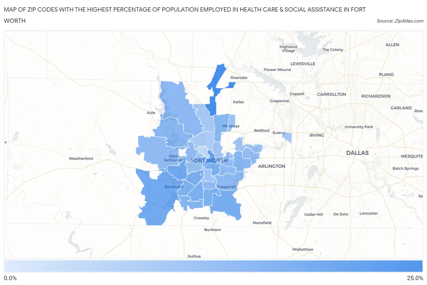 Zip Codes with the Highest Percentage of Population Employed in Health Care & Social Assistance in Fort Worth Map