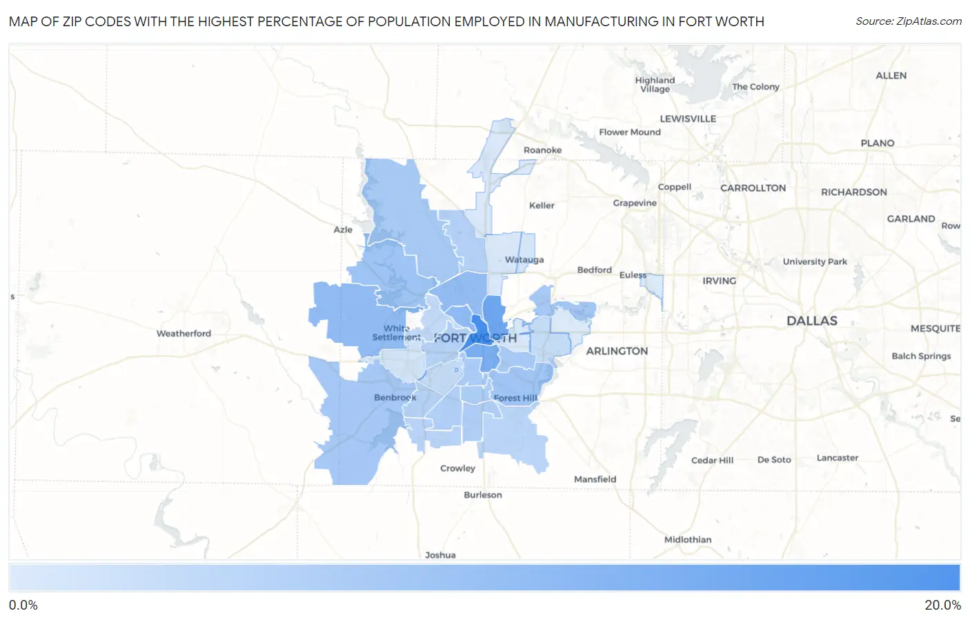 Zip Codes with the Highest Percentage of Population Employed in Manufacturing in Fort Worth Map