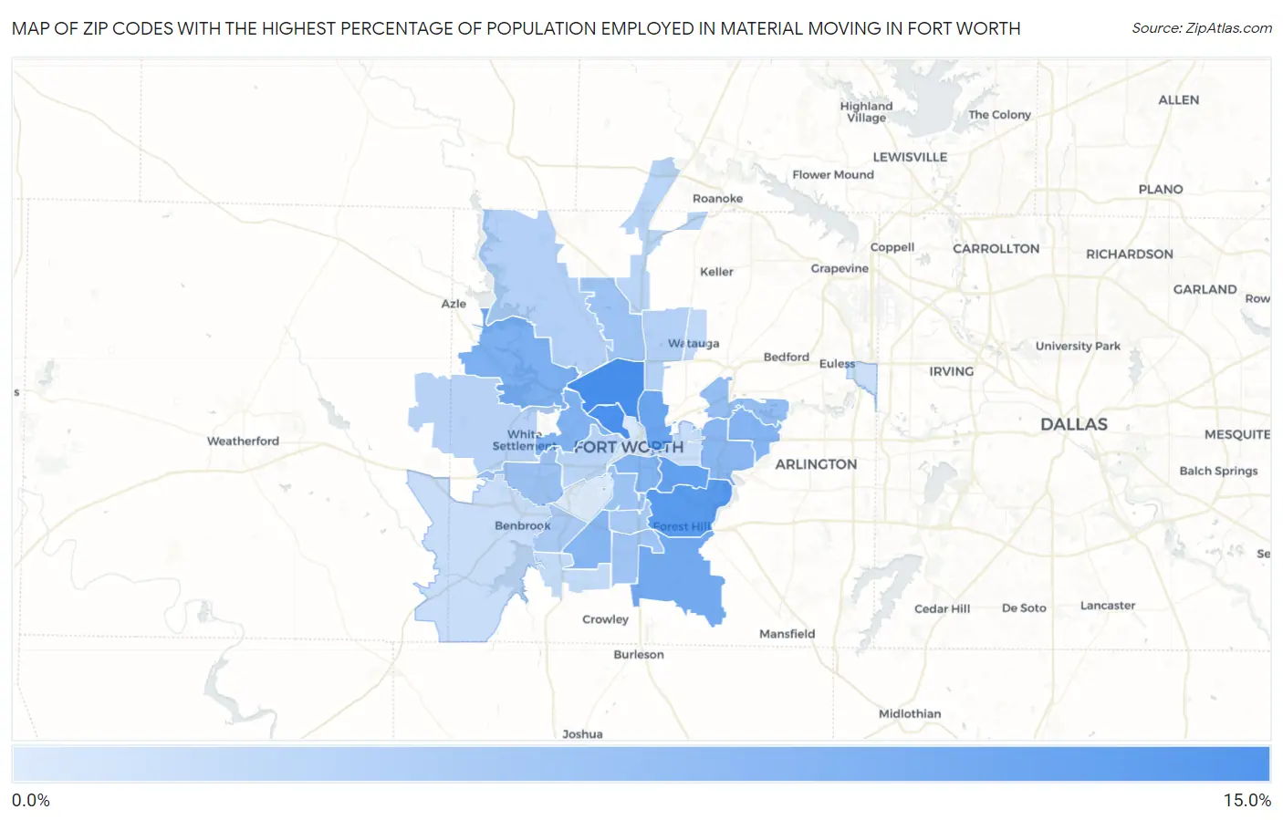 Zip Codes with the Highest Percentage of Population Employed in Material Moving in Fort Worth Map