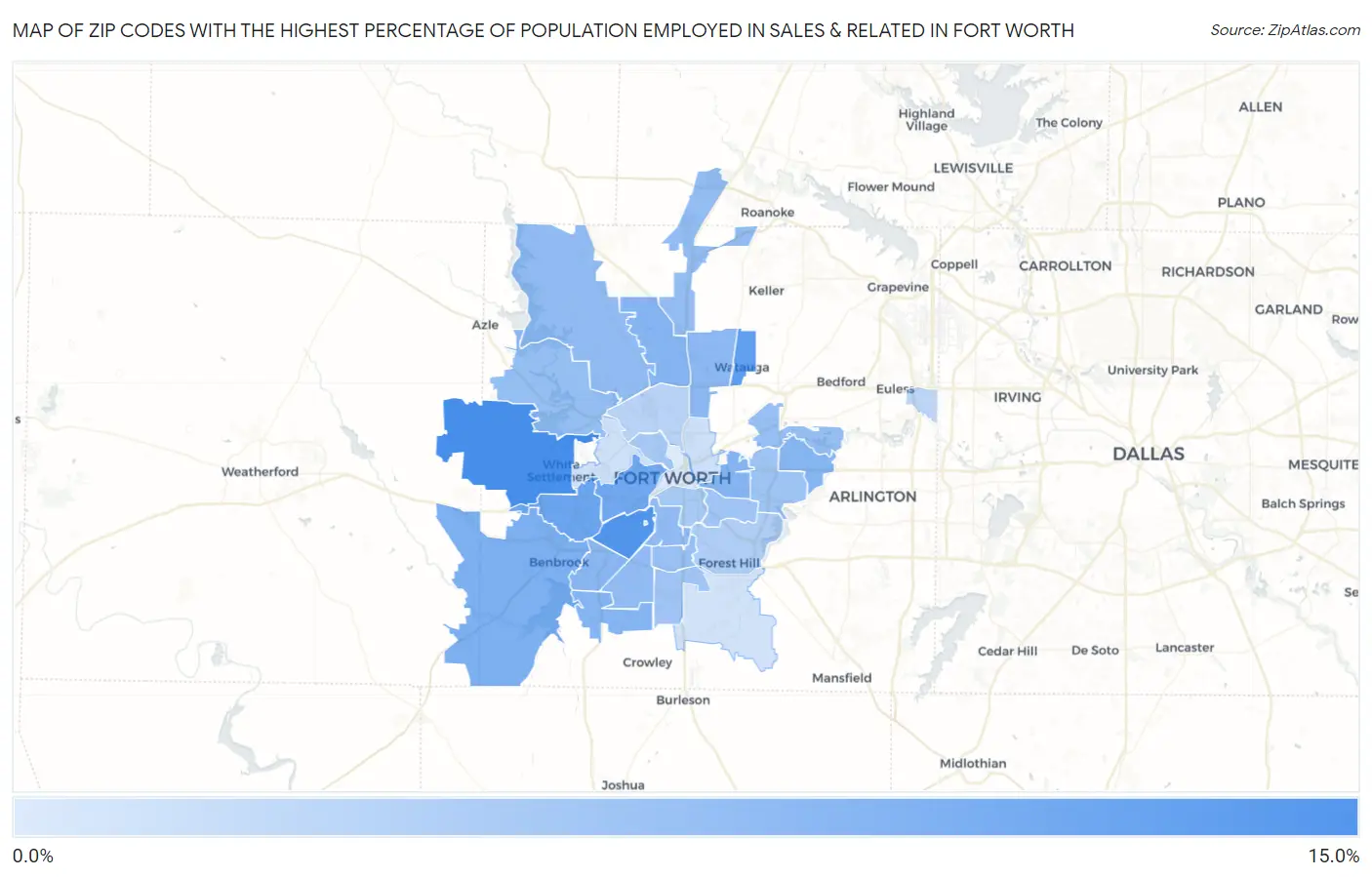 Zip Codes with the Highest Percentage of Population Employed in Sales & Related in Fort Worth Map