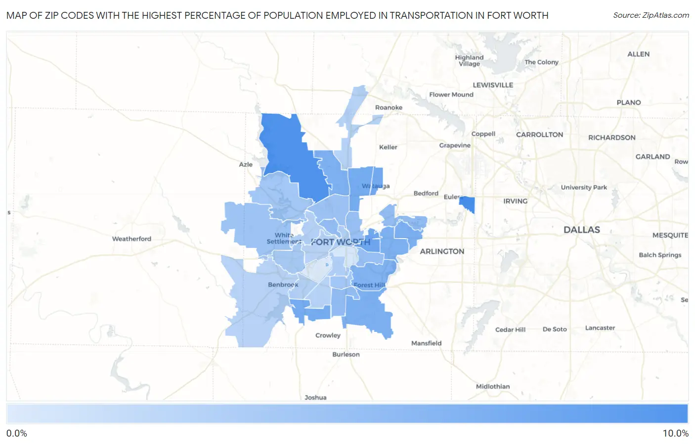 Zip Codes with the Highest Percentage of Population Employed in Transportation in Fort Worth Map