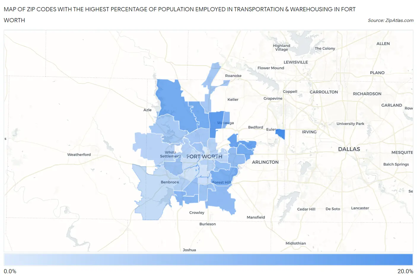 Zip Codes with the Highest Percentage of Population Employed in Transportation & Warehousing in Fort Worth Map