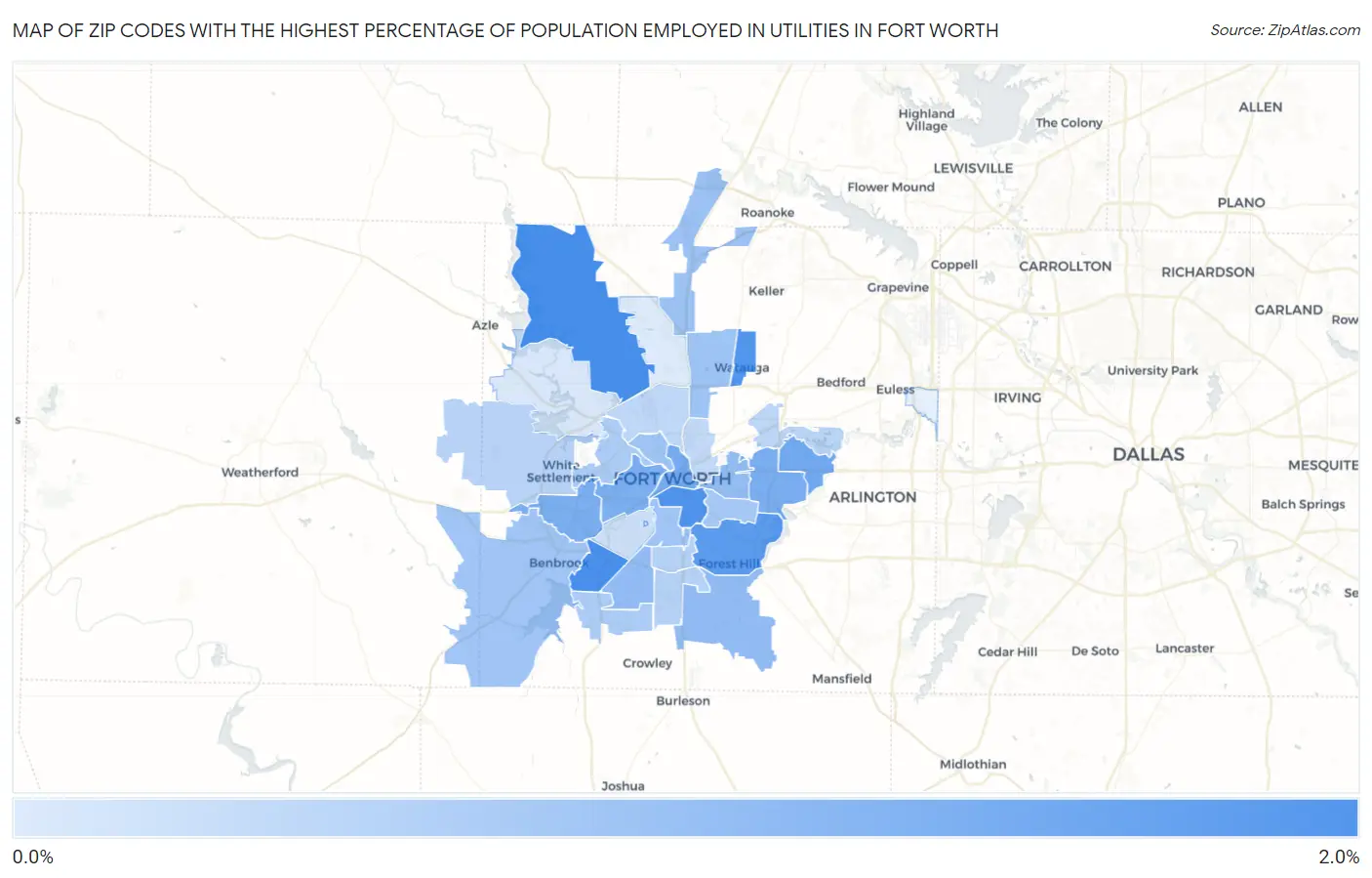 Zip Codes with the Highest Percentage of Population Employed in Utilities in Fort Worth Map