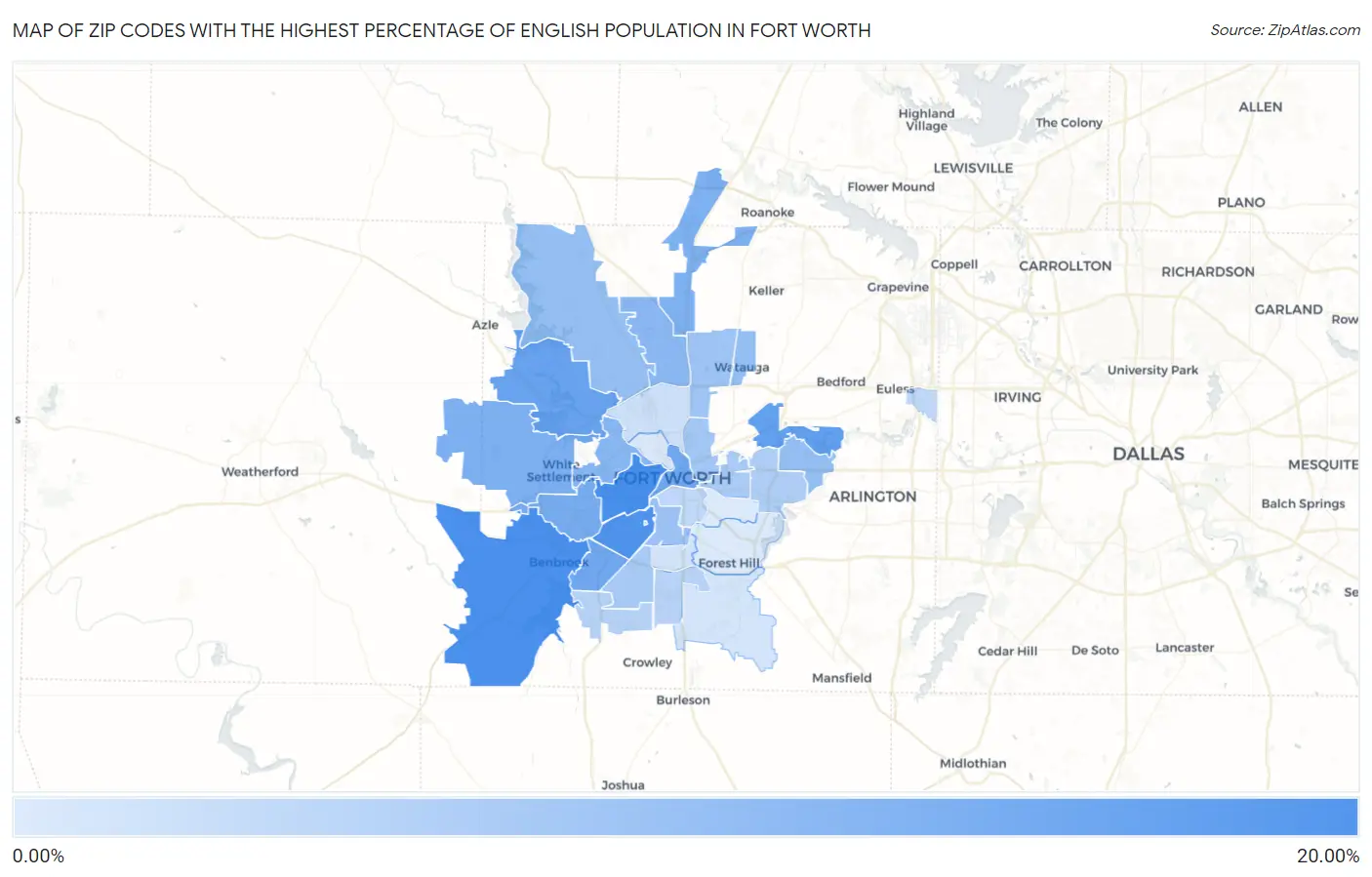 Zip Codes with the Highest Percentage of English Population in Fort Worth Map