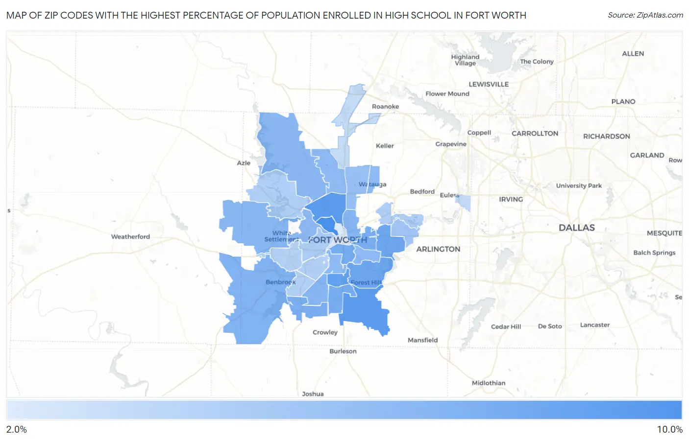 Zip Codes with the Highest Percentage of Population Enrolled in High School in Fort Worth Map
