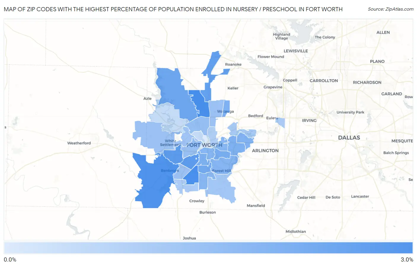 Zip Codes with the Highest Percentage of Population Enrolled in Nursery / Preschool in Fort Worth Map