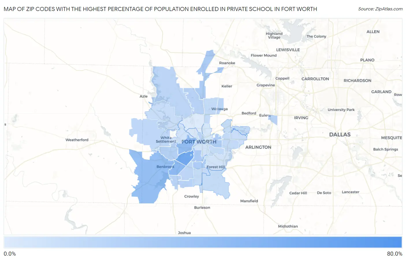 Zip Codes with the Highest Percentage of Population Enrolled in Private School in Fort Worth Map