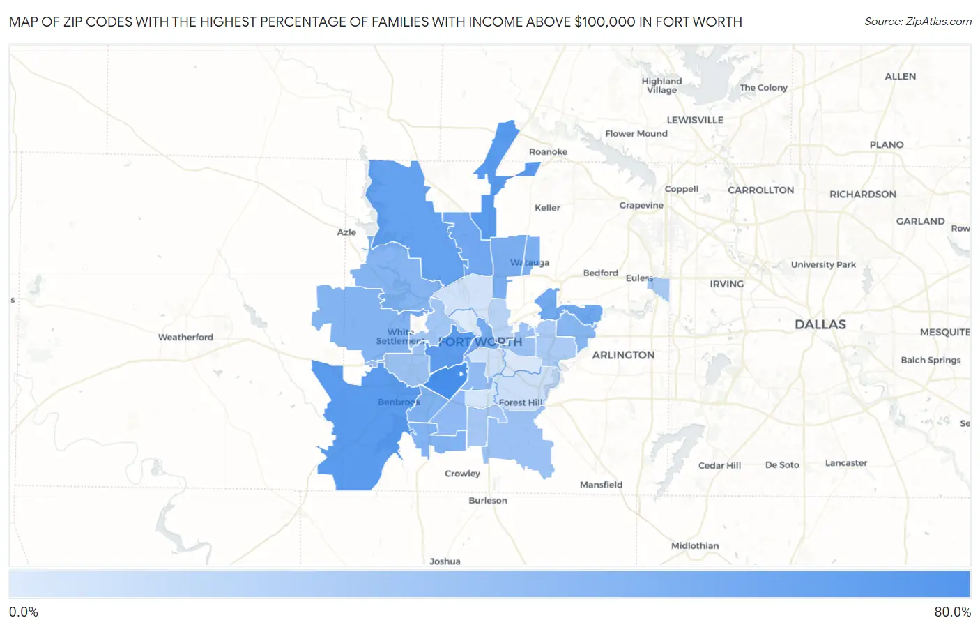 Zip Codes with the Highest Percentage of Families with Income Above $100,000 in Fort Worth Map