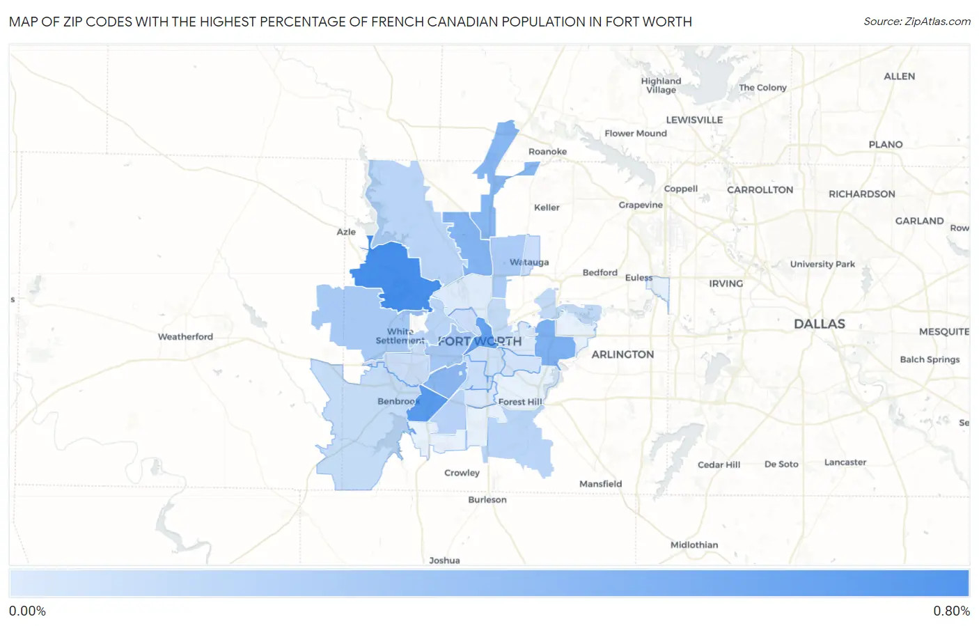 Zip Codes with the Highest Percentage of French Canadian Population in Fort Worth Map