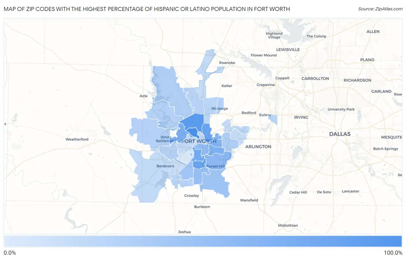 Zip Codes with the Highest Percentage of Hispanic or Latino Population in Fort Worth Map