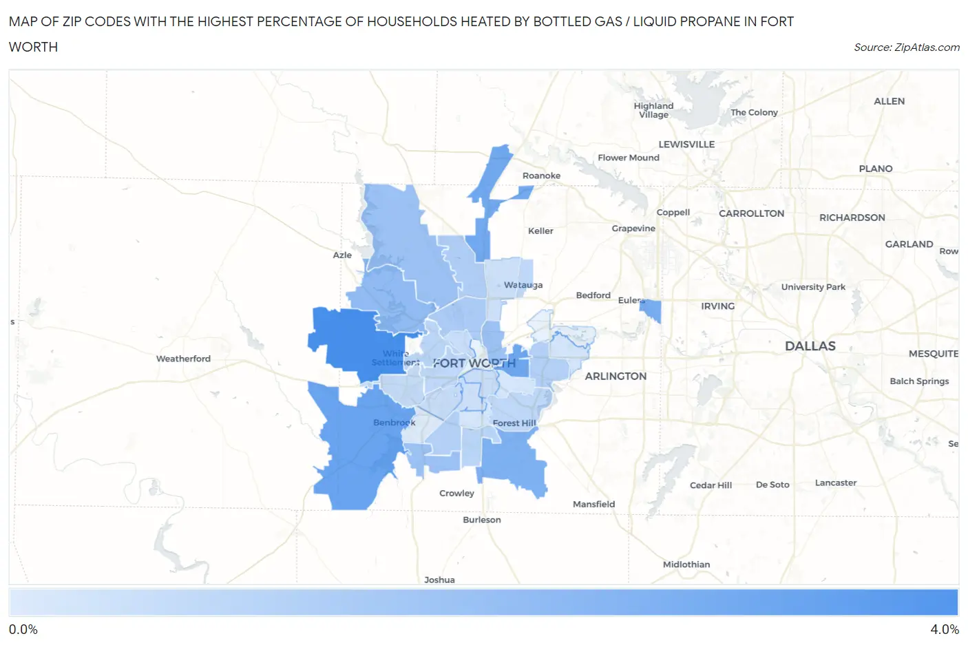 Zip Codes with the Highest Percentage of Households Heated by Bottled Gas / Liquid Propane in Fort Worth Map