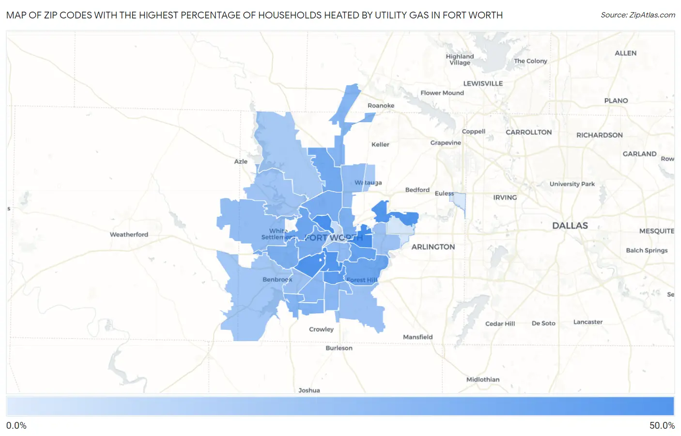 Zip Codes with the Highest Percentage of Households Heated by Utility Gas in Fort Worth Map