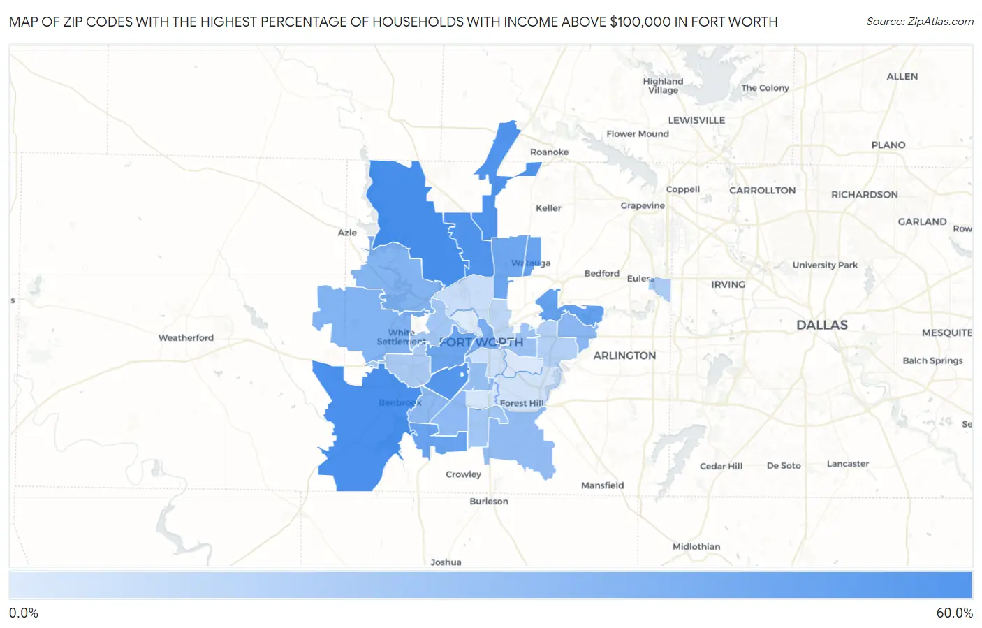 Zip Codes with the Highest Percentage of Households with Income Above $100,000 in Fort Worth Map