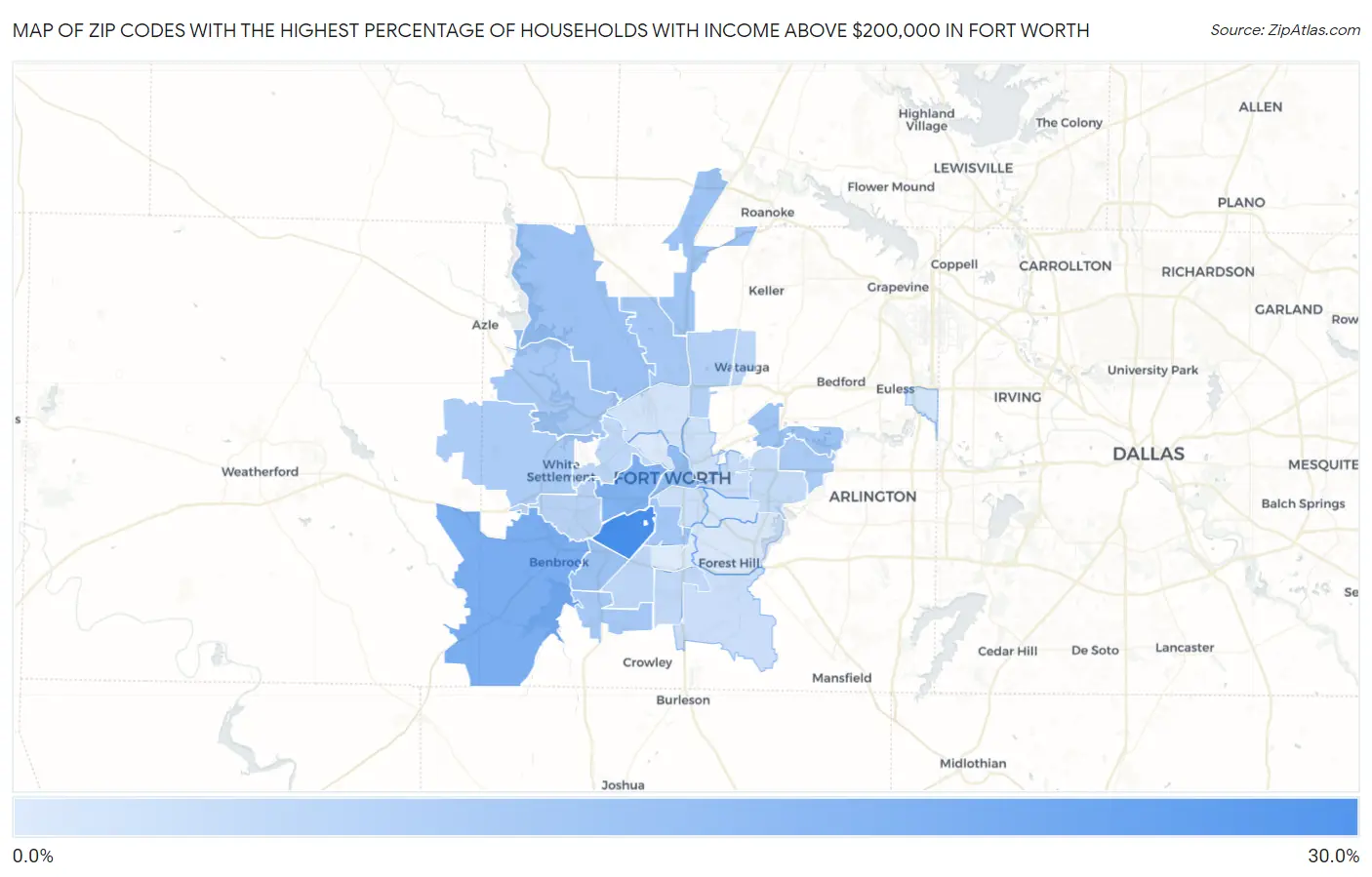 Zip Codes with the Highest Percentage of Households with Income Above $200,000 in Fort Worth Map