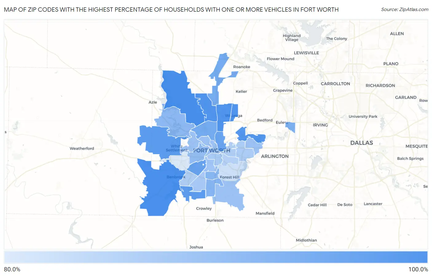 Zip Codes with the Highest Percentage of Households With One or more Vehicles in Fort Worth Map